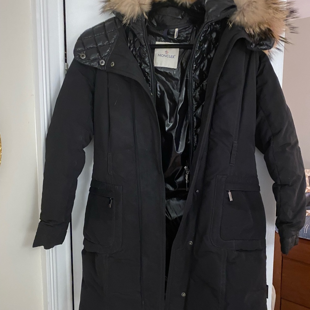 Moncler Black Parka Jacket with Fur-Trimmed Hood